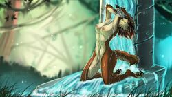 2017 anthro armpits black_nose breasts brown_fur brown_hair canine detailed_background female fur grass hair kaiotawolf kneeling mammal navel nipples pawpads pussy solo water wide_hips wolf