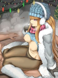 areolae beanie blonde_hair breasts breasts_out clothed_female_nude_male clothes_lift clothing cowgirl_position dark_nipples earmuffs female hat highres knees_together_feet_apart kumiko_(aleron) league_of_legends long_hair mittens nipples no_bra nude open_clothes outdoors pants pantyhose purple_eyes scarf shirt shirt_lift sidelocks sitting snow_day_syndra snowdown_series straddling sweater sweater_lift syndra winter_clothes yoga_pants