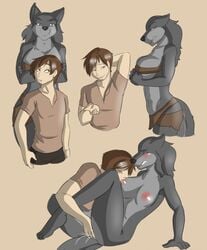 2017 angry anthro blue_eyes blush brown_eyes canine clothed clothing duo female finger_fuck fingering fingering_partner fur grey_fur hi_res human human_on_anthro interspecies lady_red_(wolfpack67) male mammal nipple_suck pussy_juice rabbit_(wolfpack67) simple_background smile straight sucking tribal vaginal_penetration wolf ziggie13