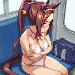 ai_generated animal_ears brown_hair female hair_accessory hairband horse_girl ponytail purple_eyes sakura_bakushin_o_(umamusume) umamusume umamusume_pretty_derby white_bikini