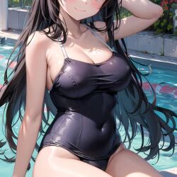 2025 ai_generated black_hair_female black_swimsuit closed_mouth_smile face_visible female female_only hand_on_hair instagram long_hair_female looking_at_viewer meta pool_background red_blush smile_at_viewer smiling_at_viewer ten01c unknown_character