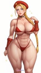 1girls abs ai_generated ai_loverhoney athletic_female big_breasts bikini blonde_hair blue_eyes braided_hair braided_ponytail cammy_white cap capcom cleavage collar curvaceous curvy_female earrings female female_only fit_female hat hourglass_figure large_breasts light-skinned_female light_skin long_hair muscular muscular_arms muscular_female muscular_thighs scars sparkles standing street_fighter thick thick_thighs thunder_thighs voluptuous voluptuous_female wide_hips