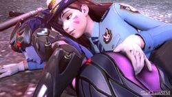 2girls 3d alternate_costume animated ass baton d.va female female_only fingering no_sound overwatch police_officer_d.va source_filmmaker tsarchasmsfm video widowmaker yuri