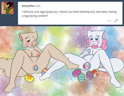 anthro areola ask_blog big_belly bittersweet_candy_bowl bow breasts daisy_(bcb) dawnvula duo egg egg_laying feline female fur jewelry lucy_(bcb) mammal necklace nipples nude pussy pussy_juice simple_background spreading teenager webcomic young