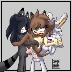 1girls 2boys 3_toes ahe_gao ahegao anal_penetration anal_sex animal_ears animal_tail anthro barefoot cum cum_in_ass cum_in_pussy cum_inside cumming double_penetration fan_character feet_off_ground female gray_eyes green_eyes male mmf_threesome mobian_(species) penetration shadowy_roux sonic_(series) sonic_fan_characters straight tail threesome trio vaginal_penetration vaginal_sex