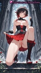 1girls 2025 ai_generated ass_visible_through_thighs belt black_footwear black_gloves black_hair boots breasts breasts_out clothes_lift corset cross-laced_footwear fingerless_gloves flower gloves grey_eyes hi_res highres lace-up_boots looking_at_viewer medium_breasts natsuyoru nipples no_panties on_one_knee one_knee patreon pussy red_hair red_skirt rose ruby_rose rwby rwby_ice_queendom short_hair skirt skirt_lift sleeveless smile solo thighs vagina voluptuous voluptuous_female