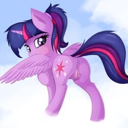 2017 alicorn anus ass cloud cutie_mark dock equine feathered_wings feathers female feral friendship_is_magic hair hi_res horn mammal my_little_pony outside purple_eyes pussy pussy_juice solo twilight_sparkle_(mlp) twiren wings