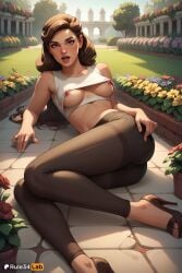 1girls ai_generated artist_name ass bare_shoulders blush breasts brown_eyes brown_hair captain_carter crop_top day feet flower garden hi_res high_heels legs lips long_hair looking_at_viewer lying marvel marvel_comics medium_breasts nipple_slip nipples on_side open_mouth outdoors pants peggy_carter rule34lab solo toes what_if...?