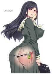 1girls ass black_hair blue_eyes blush boobs_and_butt_pose bookbag breasts character_request condom dress erect_nipples female female_only from_behind green_dress lace large_breasts long_hair maria-sama_ga_miteru mizuryuu_kei nipples panties pussy_juice sailor_uniform see-through serafuku solo standing tagme thighs thong uniform used_condom x-ray