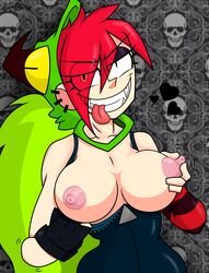 1girls ass bedroom_eyes big_breasts bimbo breast_focus breast_grab breasts cleavage curvy demencia_(villainous) earrings elbow_gloves erect_nipples female female_only fondling_breast fondling_self gloves godoffury green_hair huge_areolae huge_breasts nipples no_bra orange_hair presenting_breasts puffy_nipples red_hair seductive smile solo thick_lips tongue tongue_out unzipped very_long_hair villainous voluptuous wide_hips