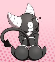 2017 anthro ass ass_focus bat_wings bibi_(o-den) black_body chest_tuft demon failure_succubus female glistening_ass hair_tuft k--10 long_ears looking_at_viewer looking_back polka_dot_background pussy question_mark sitting spade_tail succubus tagme tiny_wings underwear_only white_horn white_underwear