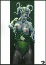 1girls alien asymmetrical_clothes black_sclera bodysuit breasts bsart cephalopod dc dc_comics female female_only fins fish fish_girl freckles goggles goggles_on_head green_eyes green_lantern green_lantern_(series) green_lantern_corps grey_skin jewelry large_breasts legs long_hair looking_at_viewer monster monster_girl nipples pointy_ears ring solo squid standing tagme tentacle_hair tentacles thighs two-six uniform yellow_eyes