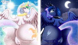 2017 alicorn anthro ass aura blue_fur crown cutie_mark day equine feathers female friendship_is_magic fur horn invalid_tag looking_at_viewer mammal moon my_little_pony night nude outside phanto-katt pinup pose princess_celestia_(mlp) princess_luna_(mlp) pussy sky smile star sun tiara white_fur wings