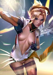 1girls blizzard_entertainment blonde_hair blue_background blue_eyes bodysuit breasts brown_legwear chromatic_aberration cowboy_shot emblem female female_only foreshortening gloves glowing glowing_wings gradient gradient_background halo high_ponytail highres holding_staff large_breasts long_hair looking_at_viewer mechanical_halo mechanical_wings medium_breasts mercy navel nipples outstretched_hand overwatch pantyhose parted_lips pelvic_curtain ponytail power_armor pussy solo sports spread_wings staff swiss_flag web_address white_wings wings yellow_background yellow_wings zumi