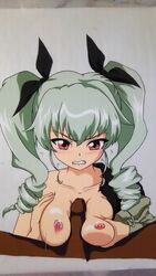 1boy anchovy blush breasts dark-skinned_male female girls_und_panzer green_hair large_breasts nipples paizuri photo_(medium) rape red_eyes scissor_insect