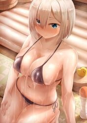 1girls air_mattress alternate_costume bare_arms bare_legs bare_shoulders bathroom bikini bikini_day black_bikini blue_eyes blush bottle breasts cleavage closed_mouth collarbone eyes_visible_through_hair female grey_hair hair_ornament hair_over_one_eye hairclip halterneck hamakaze_(kantai_collection) highres indoors kantai_collection large_breasts looking_at_viewer lotion lotion_bottle lube navel nicoby rubber_duck seiza short_hair side-tie_bikini_bottom sitting soapland solo steam string_bikini suggestive_fluid swimsuit wet wet_hair