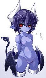 arms_behind_back black_sclera blue_skin blush breasts cropped_legs demon_girl demon_horns demon_tail demon_wings female flying_sweatdrops gradient gradient_background grey_background horns innie_pussy karukan_(monjya) looking_at_viewer low_wings monster_girl navel nervous nipples nude open_mouth pointy_ears purple_hair pussy red_eyes seizaverus shinrabanshou short_hair side_slit small_breasts solo spade_tail standing tail text thighlet translation_request uncensored white_background wings