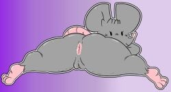 anthro anus ass beady_eyes big_butt black_eyes feet female genitals hi_res looking_at_viewer looking_back looking_back_at_viewer lying mammal mouse murid murine nude on_front pink_anus pink_feet pink_nose pink_tail purple_background rear_view rodent simple_background smile solo sweetdull tail thick_thighs vulva wide_hips