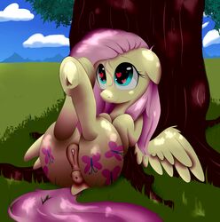 2017 absurd_res anatomically_correct anatomically_correct_pussy animal_genitalia animal_pussy anus ass collaboration cutie_mark equine equine_pussy female feral fluttershy_(mlp) friendship_is_magic hair heart hi_res hooves legs_up long_hair mammal my_little_pony outside pegasus pink_hair pussy saralien solo tree underhoof victoreach wings