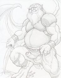 balls beard belt clothing clothing_aside digitigrade disney dragon_wings dudebulge erection facial_hair front_view gargoyle gargoyles greyscale hi_res hudson_(gargoyles) humanoid humanoid_penis loincloth male male_only mature_male membranous_wings monochrome musclegut overweight overweight_male partially_retracted_foreskin pencil_(artwork) penis scalie signature solo spread_wings spreading step_pose testicles traditional_media_(artwork) uncut wings