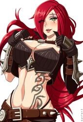 1girls 5_fingers armor asymmetrical_bangs bangs belly belly_button belt big_breasts blush blushing blushing_at_viewer breasts cleavage danfer3 female female_focus female_only fingerless_gloves fit fit_female gloves green_eyes hi_res highres katarina_du_couteau league_of_legends light-skinned_female light_skin lips lipstick long_hair looking_at_viewer muscular muscular_female open_mouth red_hair scar scar_across_eye shirt_lift signature simple_background smile smiling smiling_at_viewer solo solo_female solo_focus tattoo v_string_bikini white_background