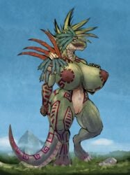 anthro big_breasts breasts dinosaur female fracshun huge_breasts macro markings nipples pussy raptor solo standing theropod thick_thighs tribal