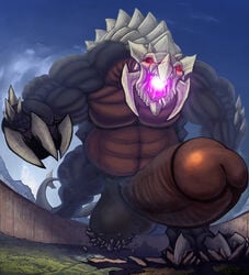 anthro balls big_balls big_penis erection foreshortening fracshun huge_balls huge_cock humanoid_penis macro male male_only monster musclegut penis penis_towards_viewer red_eyes solo standing unknown_species