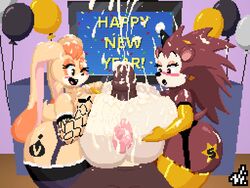 animal_crossing arm_warmers breasts cum cum_on_breasts cum_on_face cumshot dark-skinned_male double_titfuck elbow_gloves excessive_cum gloves huge_ass huge_breasts huge_cock latex latex_gloves nintendo nipples paizuri party_hat pixel_art sable_able sega sonic_(series) tattoo thick_thighs thighhighs vanilla_the_rabbit vi-nsfw