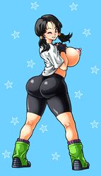 ass ass_focus big_ass big_breasts big_butt blue_background blue_eyes blush blushing breast_grab breasts breasts_out breasts_outside bubble_ass bubble_butt butt butt_focus dat_ass dragon_ball dragon_ball_z embarrassed erect_nipples female hands_on_breasts huge_breasts light-skinned_female light_skin looking_at_viewer looking_back looking_embarrased nipples one_eye_closed perky_breasts perky_nipples pink_nipples round_ass round_butt shorts stars tight_clothes tight_clothing tight_fit tight_pants twintails videl