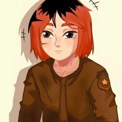 black_eyes black_hair brown_shirt innocent plain_background red_hair reference_image scars shadow tagme tie vigilante