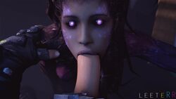 2015 3d animated blizzard_entertainment clothes duo fellatio female gloves glowing glowing_eyes human hybrid jim_raynor leeterr looking_at_viewer male mammal no_sound oral penis pov sarah_kerrigan sex starcraft straight video zerg