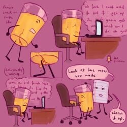 adamation_inc. adamationz animationepic anthro chair comic desk dialogue hi_res highres ii inanimate_insanity laptop leeking_orange_juice object_show object_show_community object_shows oj_(ii) omorashi osc paper_(ii) peeing peeing_self simple_background starflakes thought_bubble urine watersports worried worried_expression