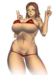 athorment_oc barely_clothed big_breasts bikini breasts brown_eyes brown_hair clothed dark-skinned_female evelyn_(athorment) evelyn_(athorment)_(female) female gekatinia glasses hips large_breasts long_hair navel original_character panties solo solo_focus thighs wide_hips