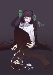 ahoge black_hair cleavage cum cum_on_lower_body feet female green_eyes legs_crossed long_hair looking_at_viewer open_shirt pantyhose sitting sun_shang_xiang toes tongue_out twintails wangzhe_rongyao