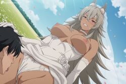 1boy 1girl ai_generated animal_ear_fluff animal_ears black_hair blue_sky blush breasts breasts_out bridal_veil choker clothing_aside cloud dark-skinned_female dark_skin day digitalwaifugallery dress dress_lift dress_pull elbow_gloves flower ghislaine_dedoldia gloves grey_hair grin hair_between_eyes hetero hi_res high_quality high_resolution large_breasts licking long_hair mosaic_censoring mushoku_tensei nipples oral outdoors panties panties_aside patreon petals pussy red_eyes rose scar scar_on_cheek scar_on_face seductive sexy sky smile solo_focus sweat tongue tongue_out uncensored underwear veil watermark wedding_dress white_choker white_dress white_flower white_gloves white_panties white_rose