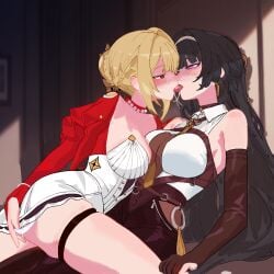 2girls astra_yao bare_shoulders between_breasts black_gloves black_hair black_pants blonde_hair blunt_bangs blush body_switch bodyguard braid braided_bun breasts chest_harness cleavage collared_shirt commentary cosplay costume_switch dress elbow_gloves english_commentary evelyn_chevalier eyebrows_hidden_by_hair female fingerless_gloves french_kiss funflo gloves hair_bun hair_intakes hair_up hairband hand_in_own_panties harness high-waist_pants jacket jewelry kissing large_breasts latex_pants long_hair long_sleeves looking_at_another multiple_girls necklace necktie o-ring o-ring_harness panties pants panty_pull pearl_necklace personality_switch puffy_long_sleeves puffy_sleeves pulling_own_clothes purple_eyes pussy_juice red_eyes red_jacket shirt short_dress sleeveless sleeveless_shirt thigh_strap thighs tight_clothes tight_pants underwear white_hairband white_shirt yellow_necktie yuri zenless_zone_zero