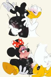 anatid anseriform anthro avian bird black_body black_nose blush bow_(feature) breast_play breast_sucking breasts cjzilla88 closed_eyes clothing disney donald_duck duck duo female fingering footwear gloves half-closed_eyes handwear hi_res looking_pleasured male male/female mammal minnie_mouse mouse murid murine narrowed_eyes nipples nude open_mouth penetration rodent shoes smile spread_legs spreading standing sucking vaginal_penetration white_body