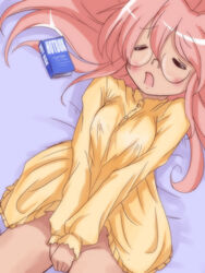 1girls bed blush book bottomless closed_eyes covering covering_crotch covering_pussy female female_only glasses kanakana long_hair lucky_star lying masturbation miyuki_takara mouth_open nightshirt nipples_visible_through_clothing pajamas pink_hair vaginal_penetration yellow_clothing