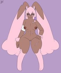 2015 anthro anthrofied areola bandage breasts brown_eyes brown_fur ensayne eyelashes female frown fur furry furry_only hair lagomorph looking_at_viewer lopunny mammal nintendo nipples pink_hair plain_background pokémon_(species) pokemon pokemon_(species) pussy rabbit scar shiny_pokemon solo standing thick_thighs video_games