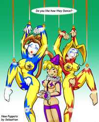 3girls bastianmage blonde_hair brianna_diggers brittany_diggers cleft_of_venus clown_girl clown_makeup coulrophilia crotchless curvy_female english_text functionally_nude_female gina_diggers gold_digger gradient_background green_background grin legs_together long_bangs multiple_girls nippleless_clothes parted_bangs partially_visible_vulva pasties pussy simple_background speech_bubble standing star_pasties uncensored