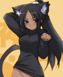 animal_ears black_eyes black_hair bleach blush bottomless cat_ears cat_pose cat_tail censored dark-skinned_female dark_skin fur haga_yui hakoiri_nyanko out-of-frame_censoring paw_pose ponytail shihouin_yoruichi sketch solo sweater tail tied_hair turtleneck work_in_progress