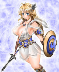 1041_(pixiv) 1041_(toshikazu) 1girls armor armored_dress big_breasts blonde_hair blue_eyes breasts cleavage clothed female female_only human large_breasts long_hair milf see-through shield solo sophitia_alexandra soul_calibur soul_calibur_iv sword weapon