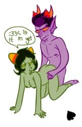 1boy 1girls :3 ambiguous_penetration ass black_hair blush breasts dialogue eridan_ampora female fins glasses green_nipples green_skin hair homestuck horns male ms_paint_adventures naked nepeta_leijon nipples open_mouth purple_highlights purple_nipples purple_skin short_hair spades speech_bubble straight text transparent_background troll yellow_sclera