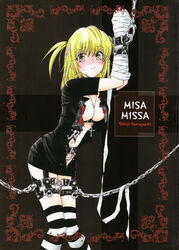 blonde_hair bondage breasts chains death_note female female_only footwear gothic highres human misa_amane nipples socks solo thighhighs tied yamaguchi_shinji zettai_ryouiki