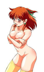 1girls :d anice_farm breast_hold breast_squeeze breasts crossed_arms cyborg earrings female from_above jewelry kouda_tomohiro looking_at_viewer nipples no_panties nude open_mouth orange_hair red_eyes red_hair shiny shiny_skin simple_background smile solo sonic_soldier_borgman thighhighs white_background