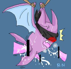 artist_request bat blindfold blue_background blush bondage censored crobat cute_fang male mouth_open penis pokemon wings yaoi