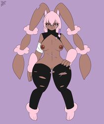 2015 anthro anthrofied areola bandage breasts brown_eyes brown_fur ensayne eyelashes female frown fur furry furry_only hair lagomorph legwear looking_at_viewer lopunny mammal mega_evolution mega_lopunny nintendo nipples pink_hair plain_background pokémon_(species) pokemon pokemon_(species) pussy rabbit scar shiny_pokemon solo standing stockings thick_thighs video_games