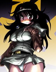 black_hair blush clothing druaga_no_tou hirowa_nagi ki_(druaga) panties red_eyes skirt skirt_lift underwear