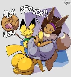 2025 anthro ass balls big_breasts big_butt big_penis biped blonde_hair breast_play breasts brown_body brown_hair carlos_jurado_cartoons clothed clothing cunnilingus dialogue digital_media_(artwork) dipstick_tail eevee female female_anthro fur generation_1_pokemon generation_2_pokemon genitals group group_sex hair hi_res huge_breasts huge_butt huge_cock hyper hyper_genitalia hyper_penis licking male male/female male_anthro markings nintendo oral penile penis pichu pikachu pokemon pokemon_(species) sex tail tail_markings text thick_thighs threesome titjob tongue trio vaginal_penetration vulva yellow_body
