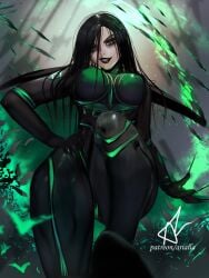 1girls arialla_draws artist_signature big_breasts black_hair black_lipstick busty curvy goddess green_eyes hand_on_hip hela hela_(marvel_rivals) looking_down_at_viewer marvel marvel_rivals pale-skinned_female pale_skin stepping_on_viewer thick_thighs thighs
